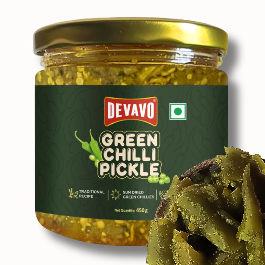 Devavo Green Chilli Pickle 450 g | Traditional Grandma's Recipe | Handmade with Love | Sun Dried Green Chillies | No Artificial Colour & Flavour