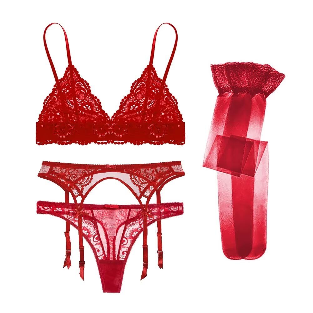 Mujer Hacer Subir Cordón Conjunto de Sujetadores Cordón Lencería Sostén y Bragas y Calcetines y Visera 5 Piece
