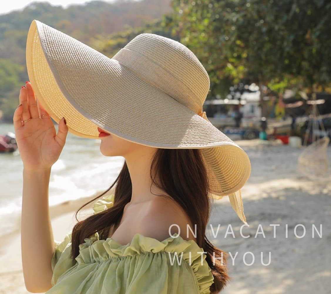 Womens Folable Floppy Hat Wide Floppy Brim Summer Beach Sun Hat Large Brimmed Garden Beach Sun Hat Big Summer Straw Cap Party Garden Travel (Khaki) - Image 4