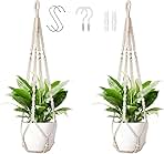 Macrame Plant Hanger Indoor Set of 2 with 4 Hooks, Indoor Outdoor Hanging Planter for Plants Holder with Decorative Wood Beads & No Tassels, Boho Home Decor, 35 Inch Ivory (Pots Not Included)
