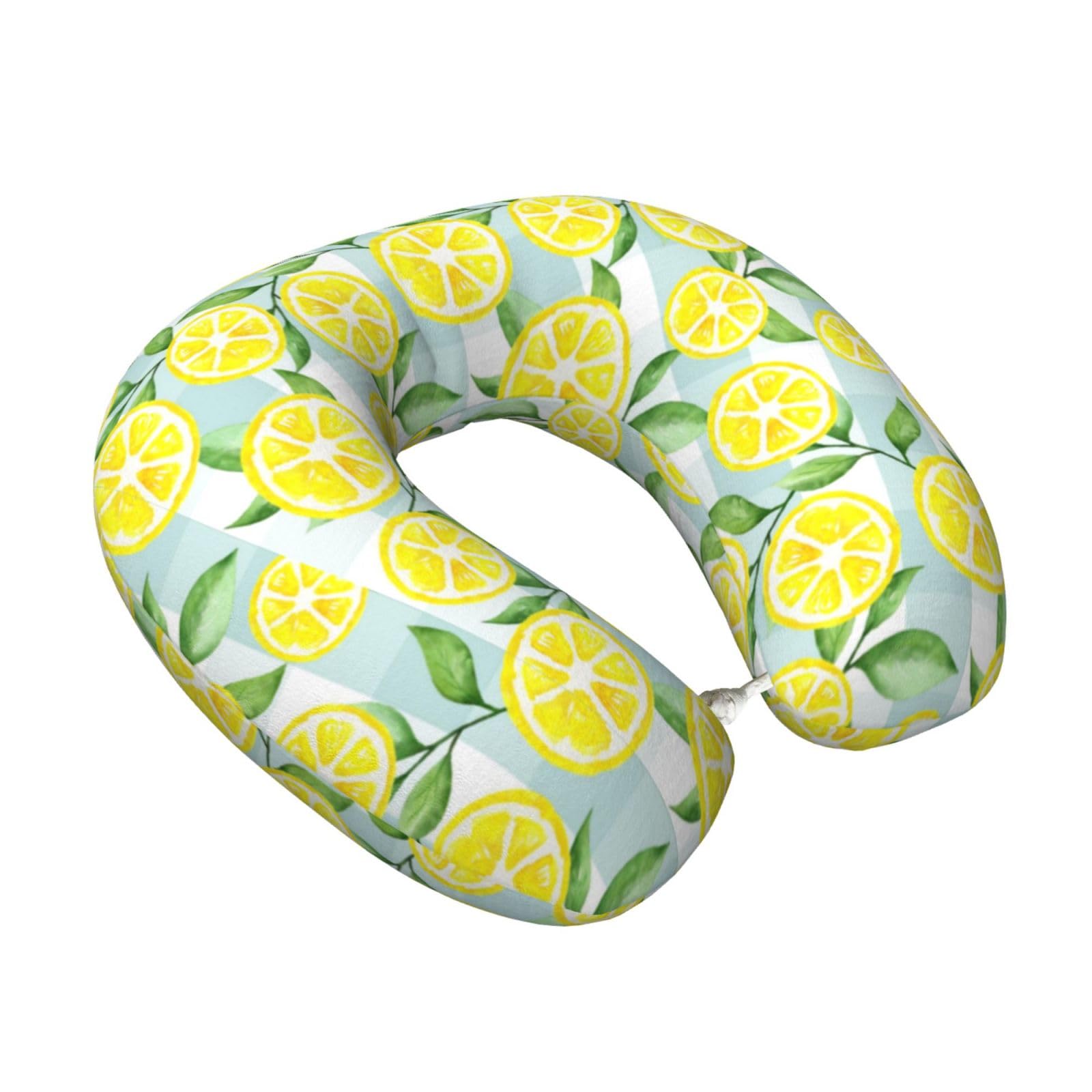 LKYMOH Yellow And Green Lemon Checkered, Travel Neck Pillow U-Shaped Memory Neck Support Soft Comfortable With Washable Cover For Airplane Car Traveling and Office