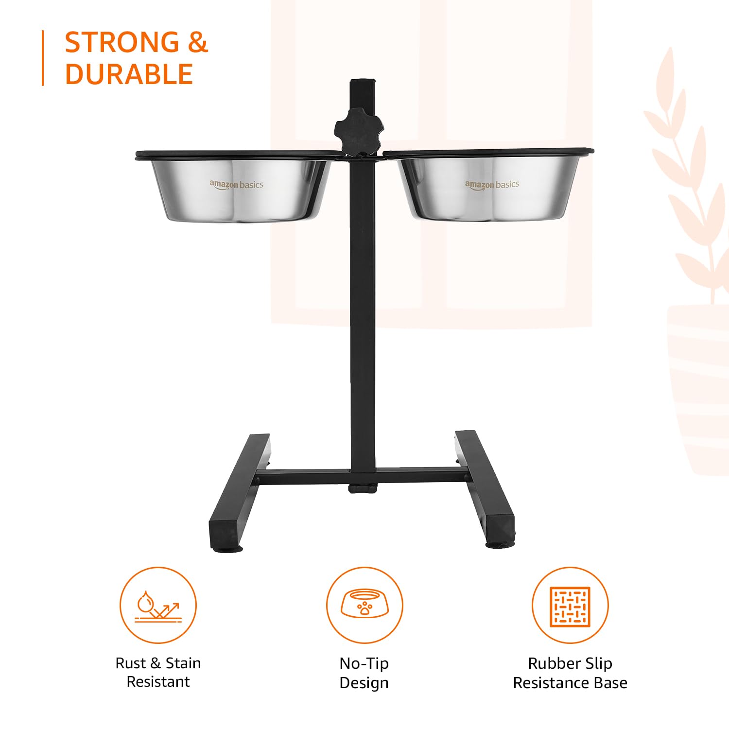 Amazon Basics Adjustable Double Diner for Pet Food and Water | 1500 ml Each | Two Removable Stainless Steel Bowls | Cat and Dog Food Bowl | Adjustable Height | Extra Rubber Support | H-Base 1