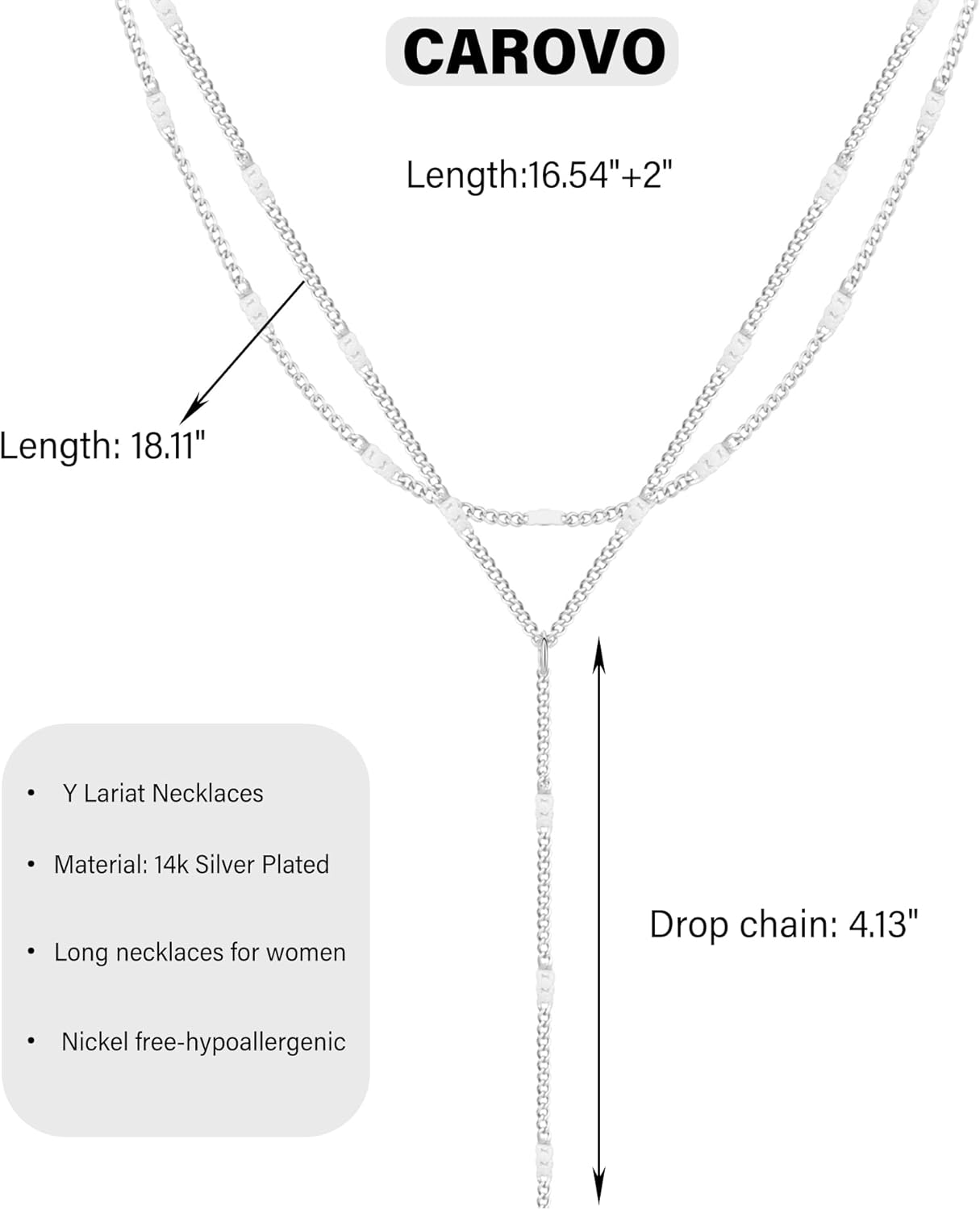 CAROVO Gold Necklace for Women Dainty Long Necklace 14K Gold/Silver Lariat Y-Shaped Pendant Necklaces Trendy Layered Lip Cubic Zirconia Beaded Chain Drop Necklaces Jewelry for Women Gifts - Image 3