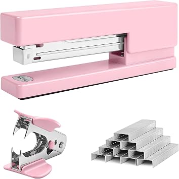 Stapler 25 Sheet Capacity with 830 Staples and Staple Remover, Full Strip Staplers for Desk, No Jam, Non-Slip for Office & School, Pink