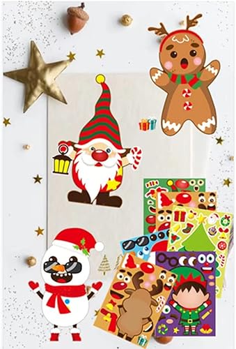 Miniatura 6 de 24 hojas de calcomanías para juegos de fiesta de Navidad, haz tu propio gnomo, hombre de jengibre, muñeco de nieve, cara de reno, calcomanías de