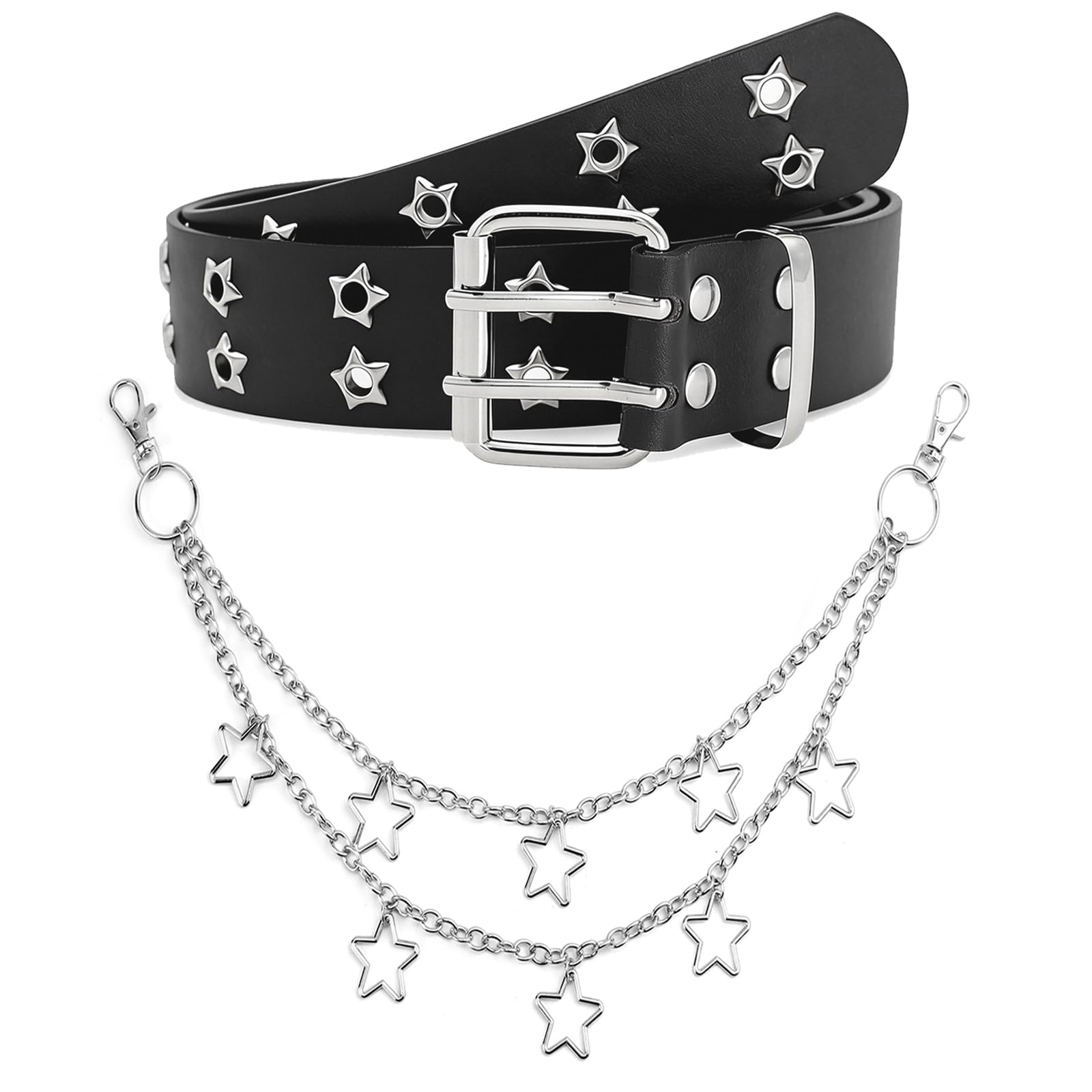 PLKDJDM Black Studded Belt Adjustable Y2K Belt with Star Chain Punk Grunge Gothic Emo Accessories for Women, Black, Standard