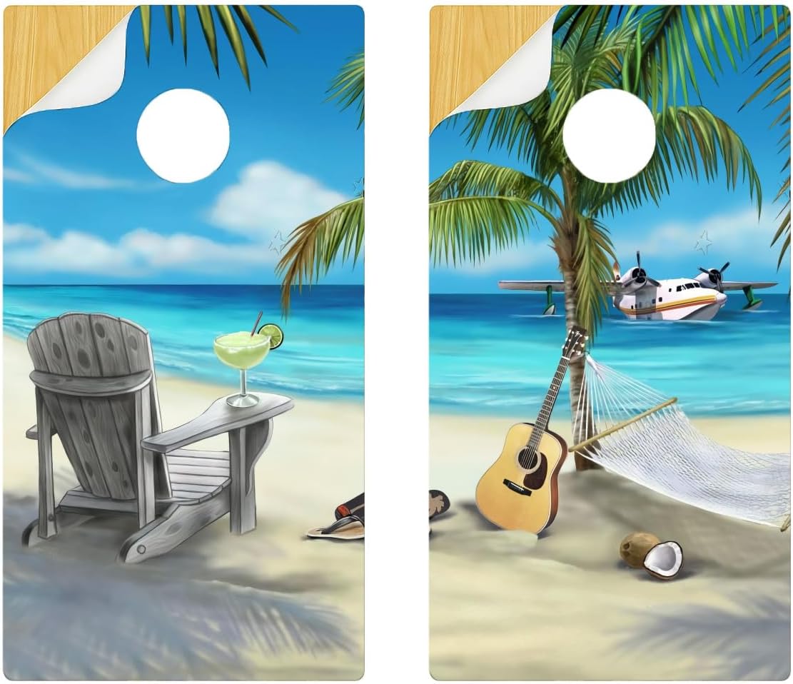 Tropical Beach Cornhole Board Wraps – Laminated Waterproof & Fadeproof Vinyl Wraps for 24x48 Boards – Ocean Palm Tree Cornhole Skins – Made in USA