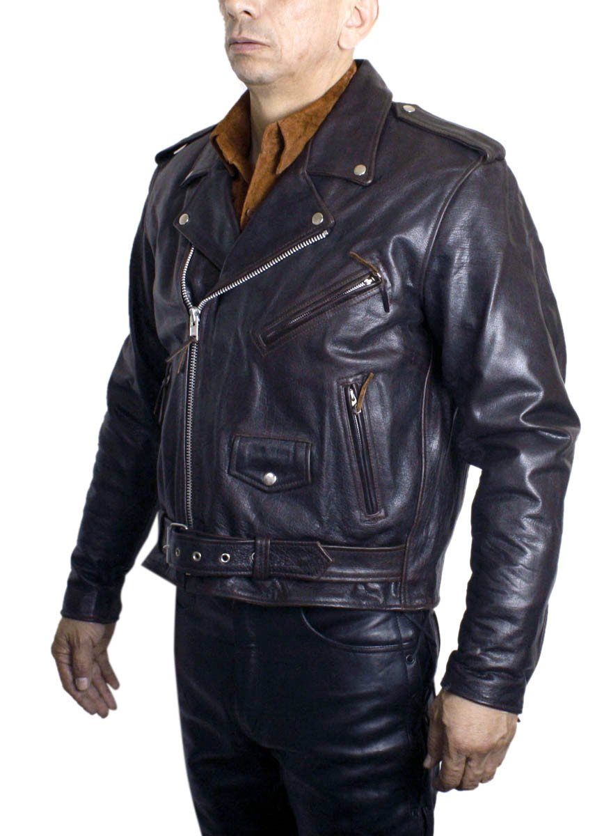 Men's Basic Motorcycle Jacket Genuine Soft Buffalo Leather Brown Retro Biker 402