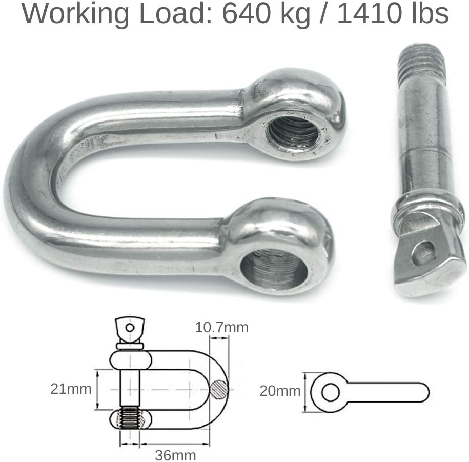 304 Stainless Steel Screw Pin D Shackle Silver Chain D Rigging Shackle for Boat, Anchor, Towing, Off Road Recovery, Hauling, Sailing, Stump Removal, Camping, Hiking, Outdoor Sports