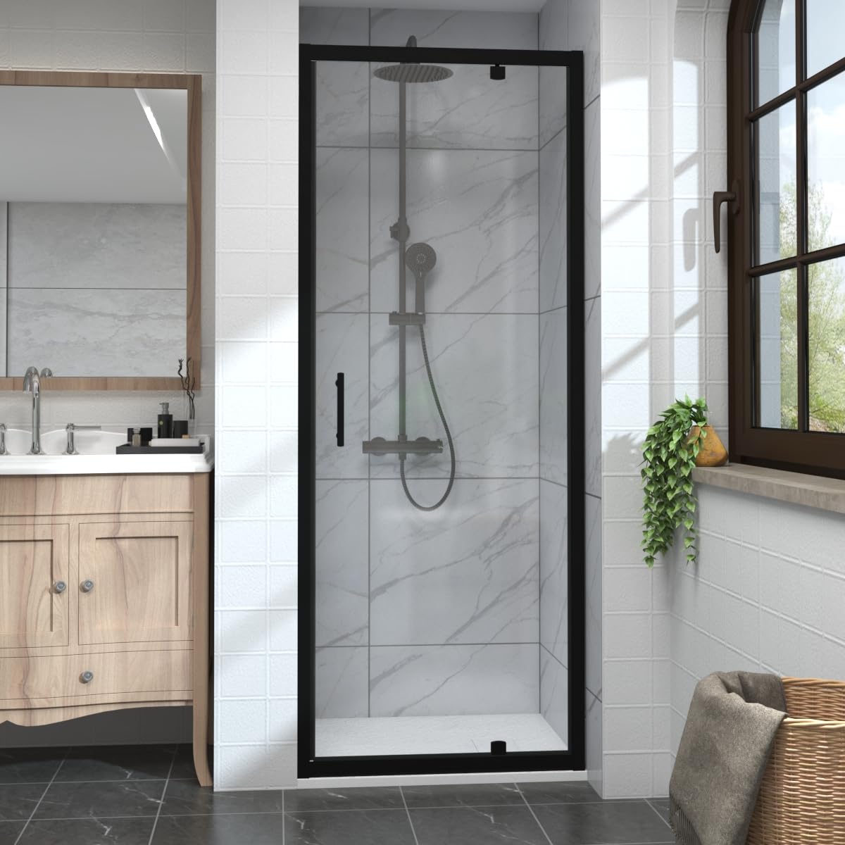 Aquariss Black 800X1900mm Pivot Hinge Shower Door Screen Enclosure Cubicle 6Mm Safety Toughened Glass Reversible Aluminium