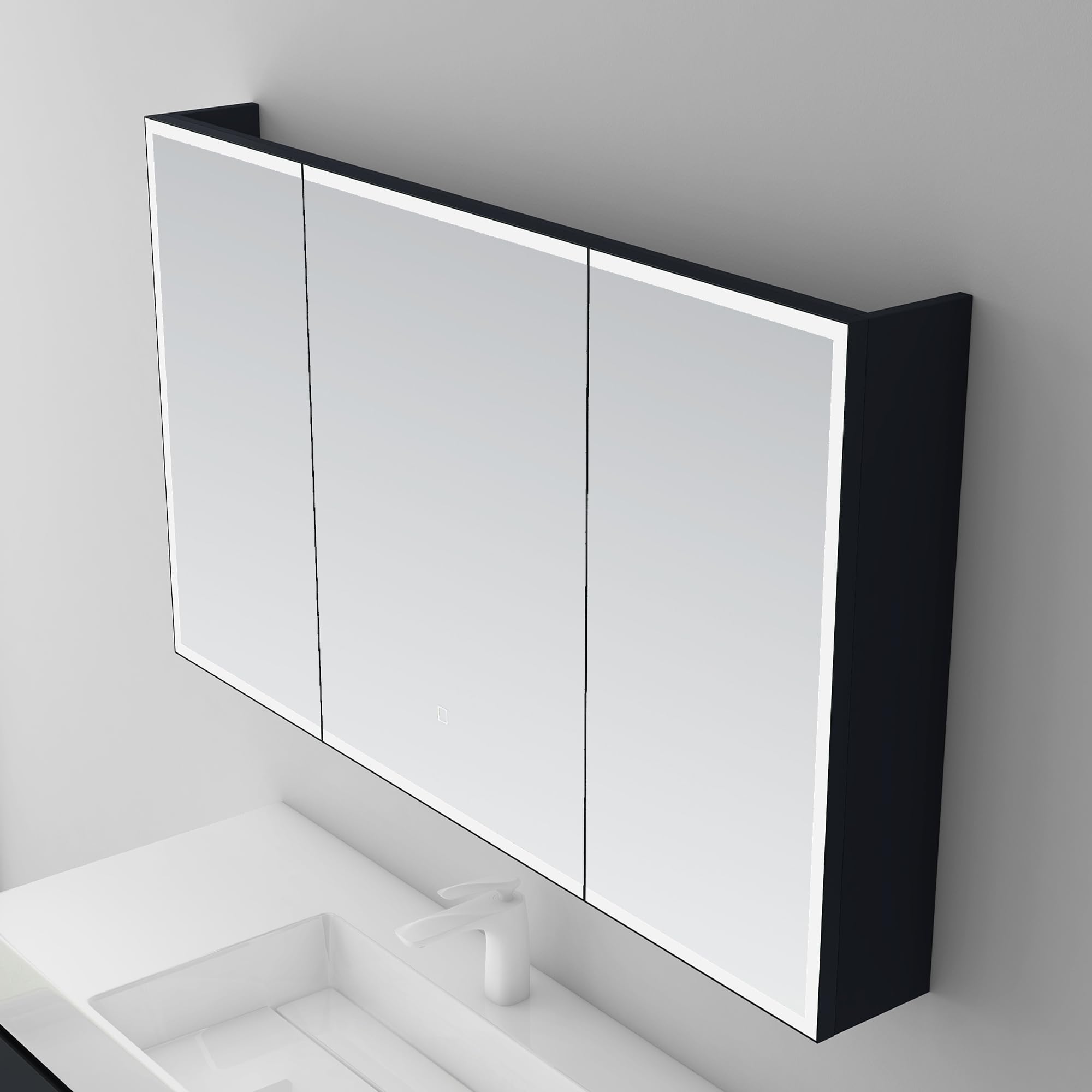 Mai & Mai Spiegelschrank Bad mit LED Beleuchtung 120x15x70 cm | Badezimmerschrank mit 3 Spiegeltüren, Hängeschrank Badezimmerspiegel in Anthrazit matt, Spiegelschrank-04