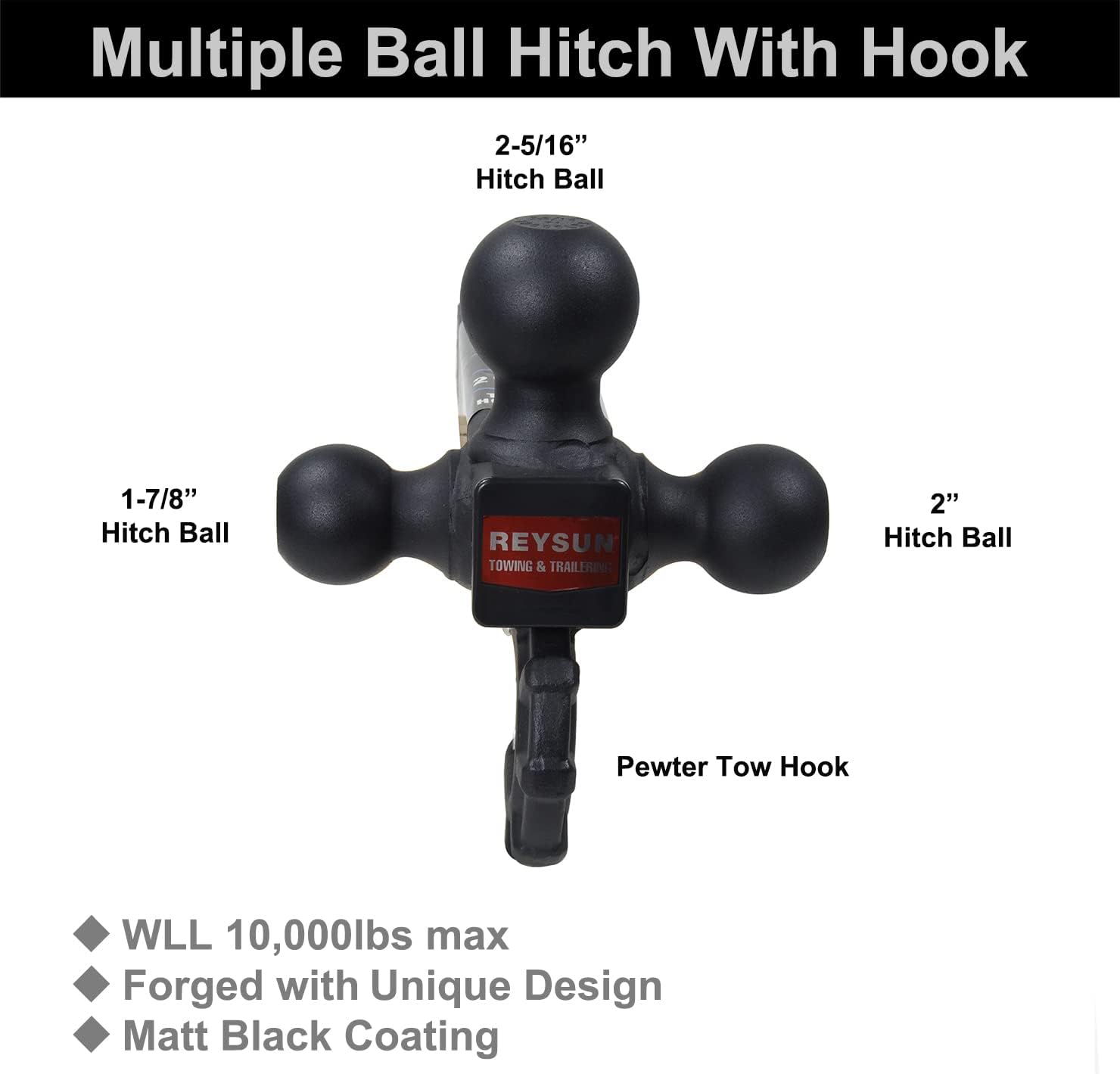 Trailer Hitch 864011L Tri Ball Mount with Hook, Tactical Tow Hook, Fits 2 inch Hitch Receiver, Secure with Self-Lock Latch, Matt Black, 5/8 Inch Hitch Lock Included… - Image 4
