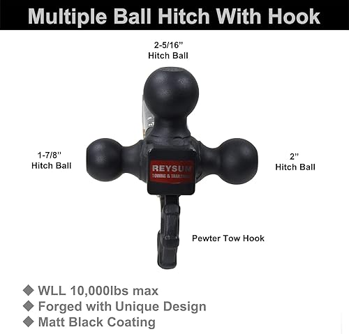 Miniatura 4 de Enganche de remolque 864011L Tri Ball Mount con gancho, gancho de remolque táctico, se adapta a receptor de enganche de 2 pulgadas, seguro con