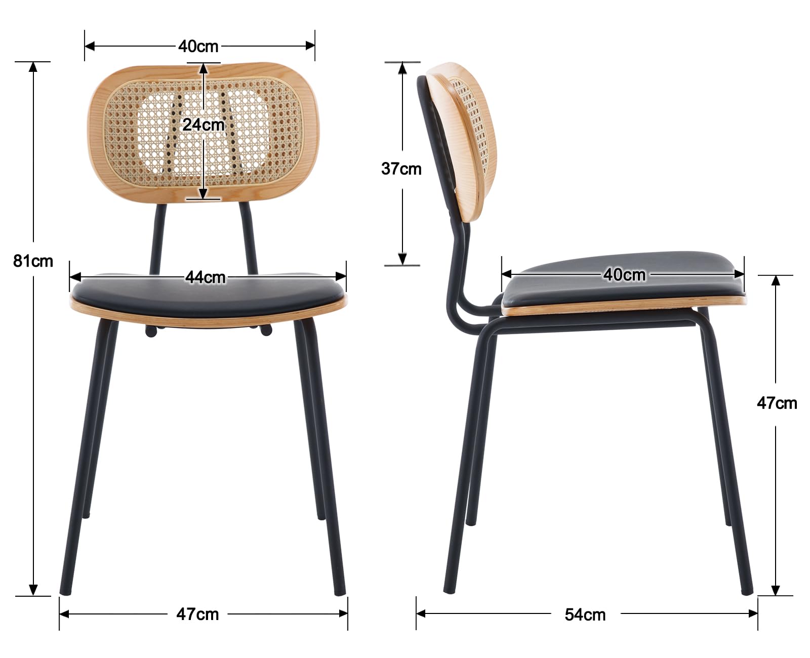 Ya-Home Rattan Esszimmerstühle 2er Set Rattanstuhl mit Metallbeinen Küchenstuhl aus Kunstleder Polsterstuhl für Esszimmer, Schwarz