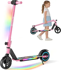 SIMATE Electric Scooter for Kids 6-14 with LED Display, Colorful Lights, Adjustable Height, Foldable, Double Brake