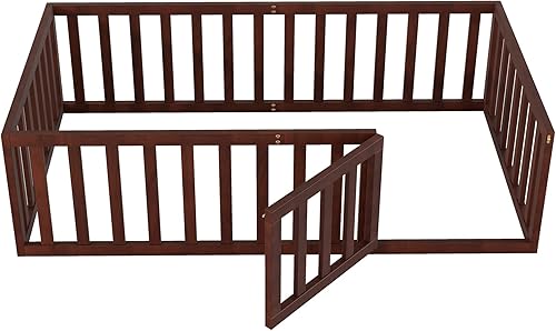 Miniatura 7 de Merax Marco de cama de piso de madera tamaño Queen con valla y puerta (natural)