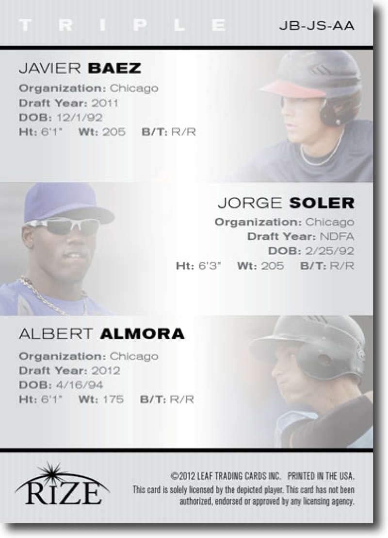 2012 Leaf Rize Draft Black Top Prospects Triple #JB-AA-MW Jackie Bradley Jr/Albert Almora/Mason Williams Red Sox Outfielders (Rookie/Prospect Insert Paragon Card) MLB Baseball Card /50 NM-MT