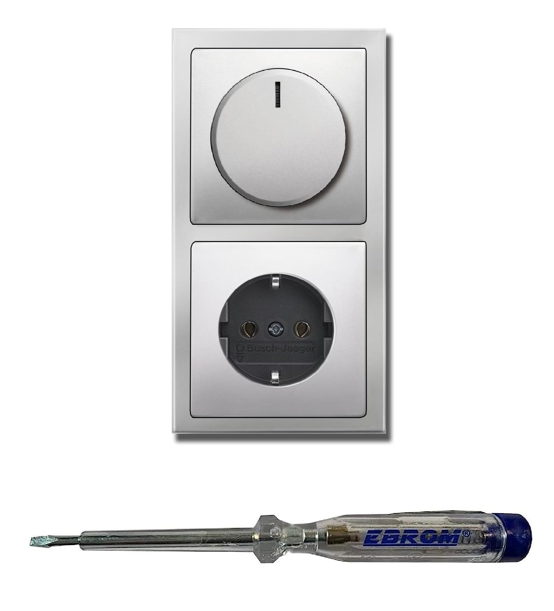 Busch Jäger 6523U-102 LED Drehdimmer Dimmer + Dimmerscheibe 6540-866-102 und Steckdose 20EUC-866 in PUR EDELSTAHL inklusive EBROM Phasenprüfer zur Montage der Geräte (6523 U – 102)