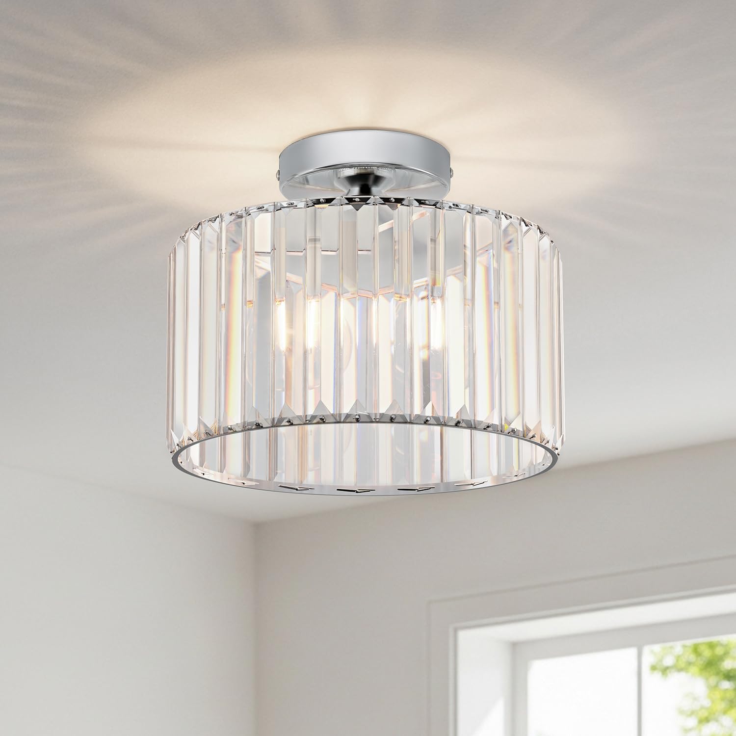 Anwio Silver-E27 Base Silver Light Shade,Chandelier Lampshade,Flush Ceiling Lights Living Room,Kitchen Lights Ceiling,E27 Light Shade Ceiling,Morden Crystal Ceiling Light,Lounge Lights Ceiling,(Diam 26.5Cm)
