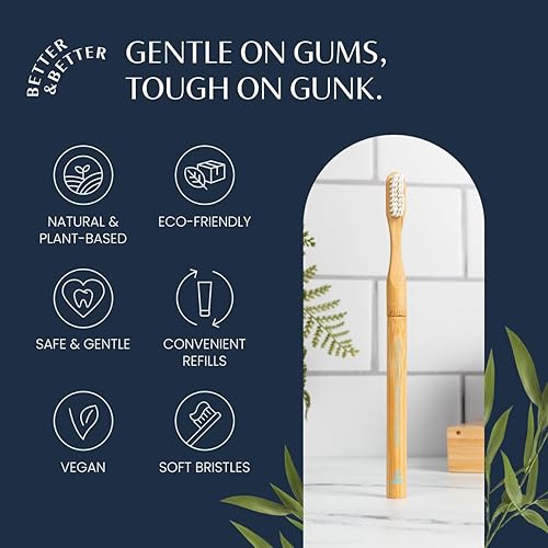 Miniatura 4 de Better  Better Cepillo de dientes de bambú natural cerdas suaves 100 a base de plantas mango reutilizable y cabezal de cepillo reemplazable