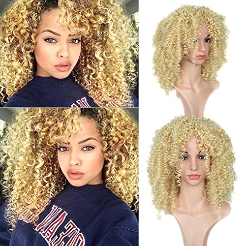 Short Afro Kinky Curly Synthetic Wig 03M17-Blonde Curly Wigs With Free Wig Cap Soft Fluffy Curls Synthetic Blonde Cosplay Wig for Women African American Half Wigs (03M17-blonde color)