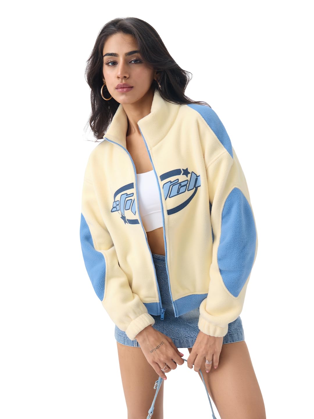 the souled store Lilo & Stitch: Starry Dreams Women and Girls Full Sleeves Mock Neck Light Yellow and Blue Graphic Printed Cotton Polyester Oversized Fit Winter Polar Fleece Jacket-picture-12