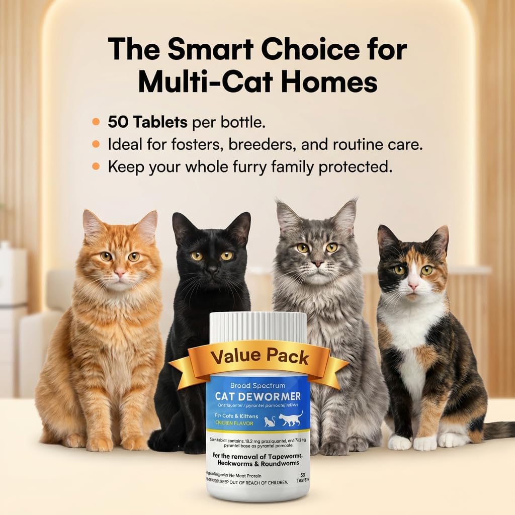 Dewormer for Cat and Kittens, Broad Spectrum Praziquantel & Pyrantel Pamoate Tablet, Removal of Tapeworms, Hookworms & Roundworms, Effective and Fast (50 Tablets)