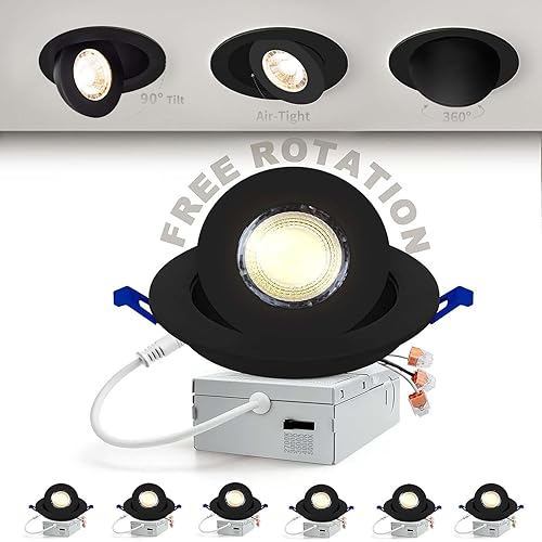 Adetu Luz empotrable LED negra cardán de 4 pulgadas, iluminación empotrable direccional ajustable de 360+90, 2700K3000K3500K4000K5000K con Jbox, ETL