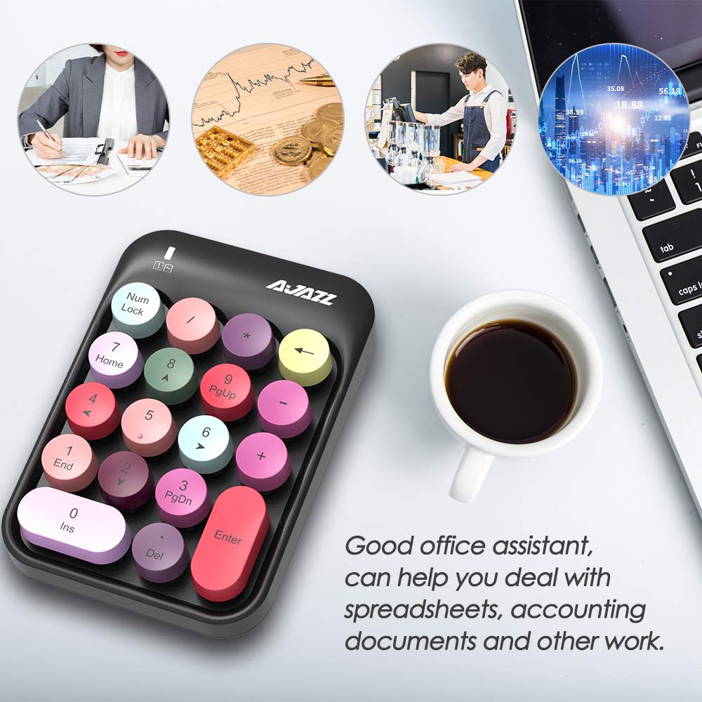 FELiCON AK18 Clavier numérique sans Fil, pavé numérique Portable 2,4 GHz avec clé Ronde rétro et récepteur USB Clavier numérique de comptabilité financière pour Mac, PC (Noir)