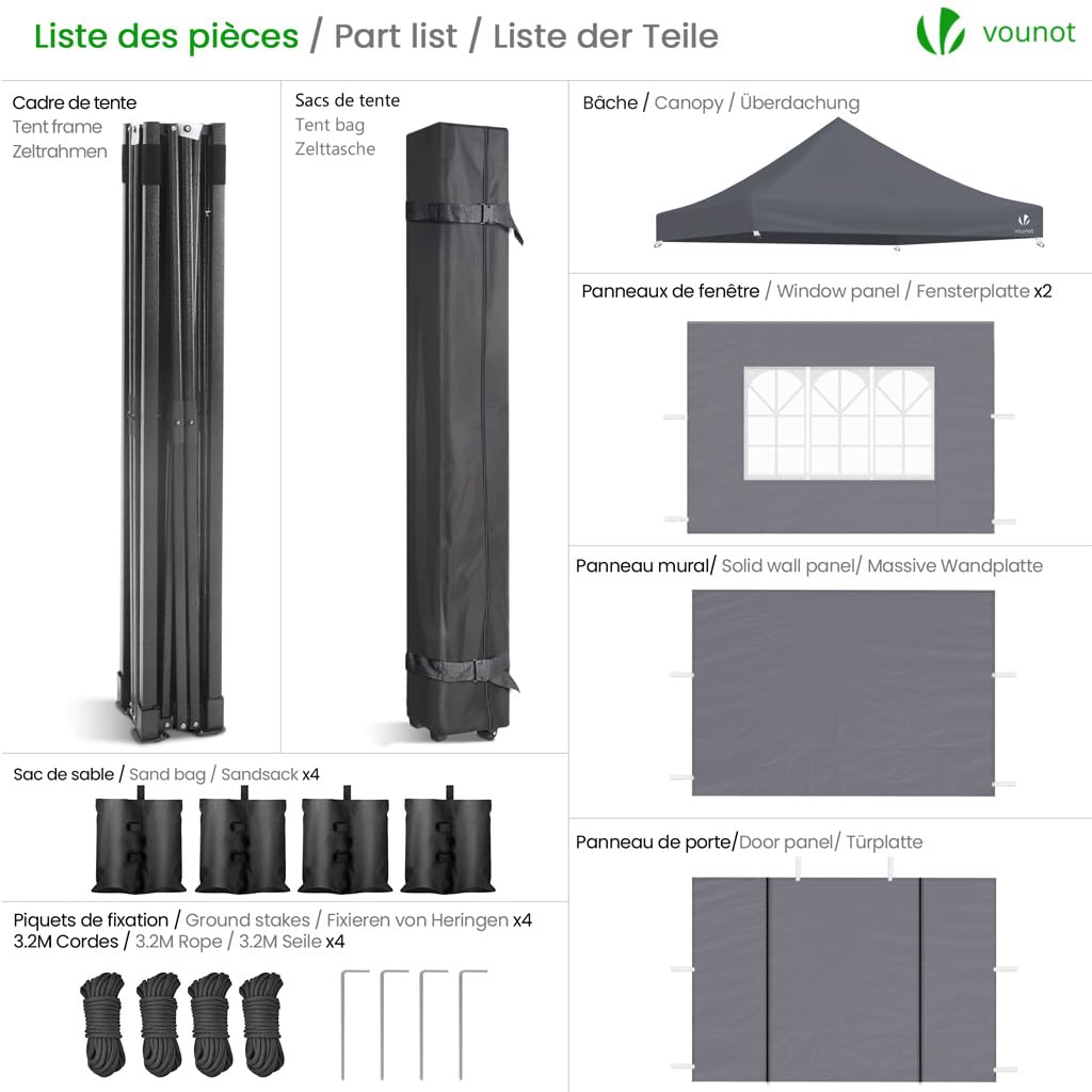 VOUNOT® Pavillon 3x3m Wasserdicht Stabil Winterfest, Pop Up Faltpavillon mit 4 Seitenteilen und 4 Sandsäcke, Party Pavillon Faltbar Gartenzelt Partyzelt, Grau