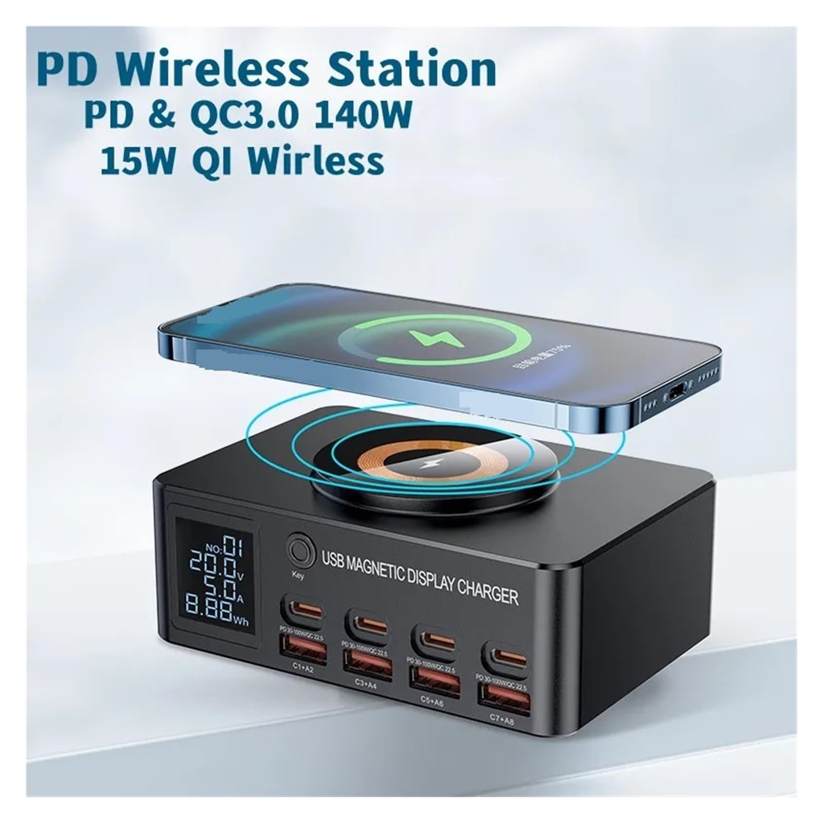 8-portowa Stacja Ładująca USB 140 W Typu C PD QC3.0 Wieloportowa Szybka Ładowarka Z Wyświetlaczem Bezprzewodowa 15