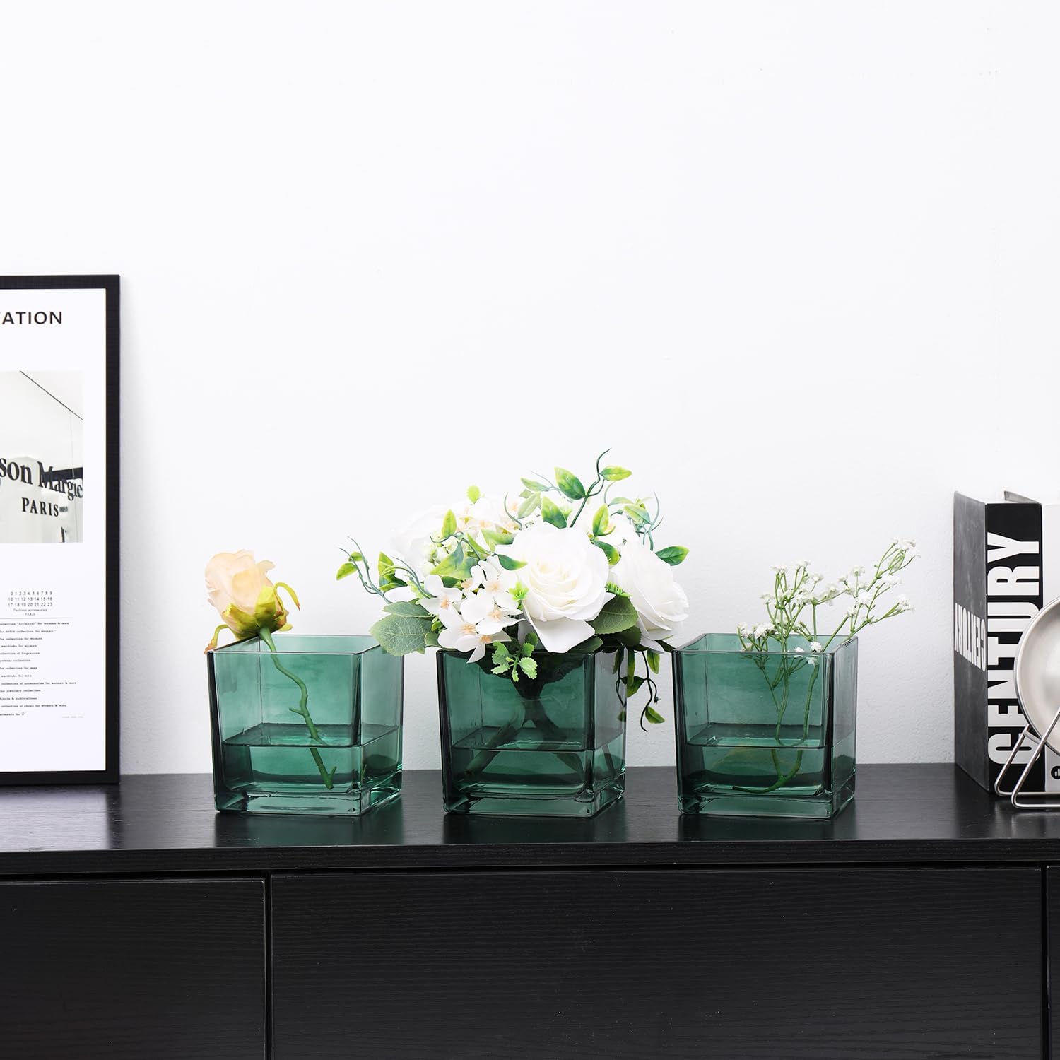 Square Glass Vases Set of 4, 4"x 4"x 4" Flower Vases for Centerpieces, Green Glass Vase for Flowers, Small Vase for Wedding, Party, Home Office Decoration - Image 2