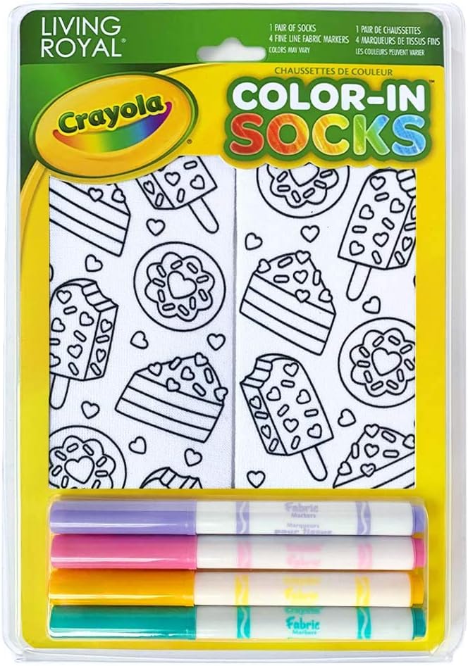 Living Royal Kid's Crayola Color-in Socks - Includes 1 Pair of Socks and 4 Fabric Markers (Sweet Snacks)