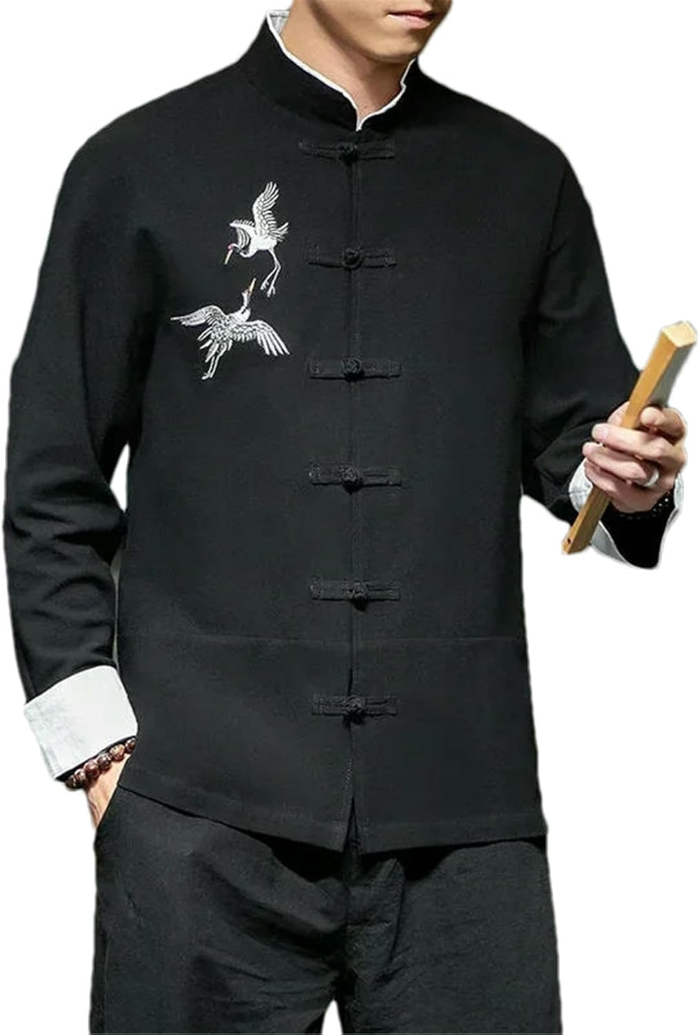 Mens Crane Embroidery Shirts Traditional Chinese Vintage Men Half Sleeve Linen Mandarin Collar Hanfu Kung Fu