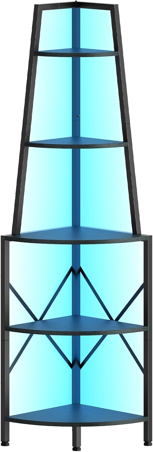 HOOBRO 5-Tier Corner Shelf with LED Lights, 67.9” Tall Corner Shelf Stand, Corner Bookshelf, Corner Plant Stand Display Shelf, for Living Room, Kitchen, Home Office, Black BB120DCJ01