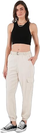 Lela Pamuklu Standart Fit Normal Bel Lastikli Pa a Kemerli Jogger Pantolon Bayan PANTOLON 668YP5045