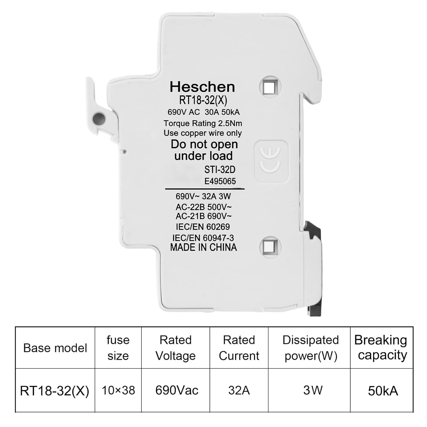 Heschen Base de portafusibles cilíndrico RT18-32(X) 32A AC690V 1P DIN montaje en riel para RT18 RO15 10 x 38 mm fusible con certificación CE