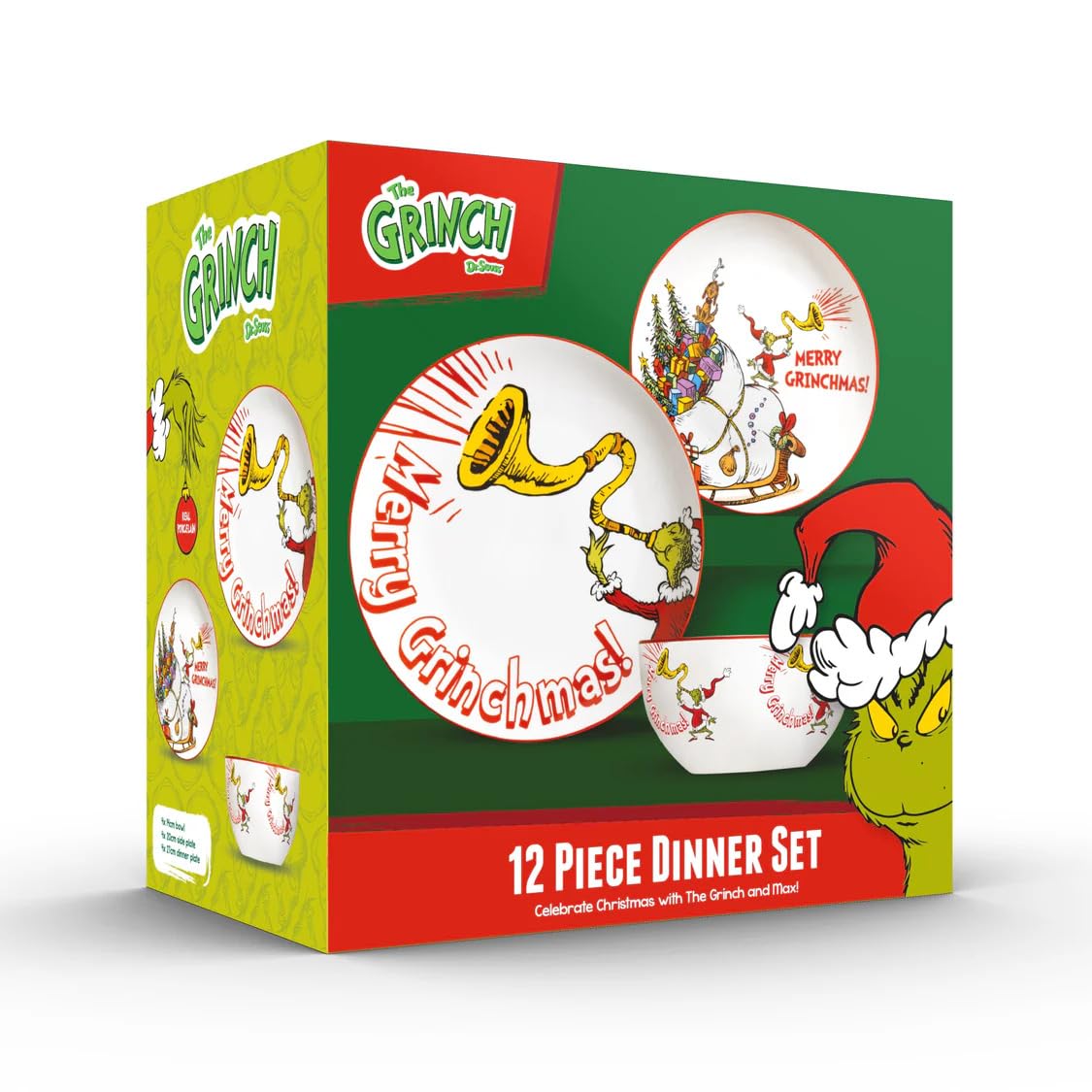 The Grinch Green The Grinch™ Merry Grinchmas 12-Piece Porcelain Dinner Set, 27Cm Dinner Plates, 20Cm Side Plates, 14Cm Bowls, Christmas Collection, Microwave And Dishwasher Safe,