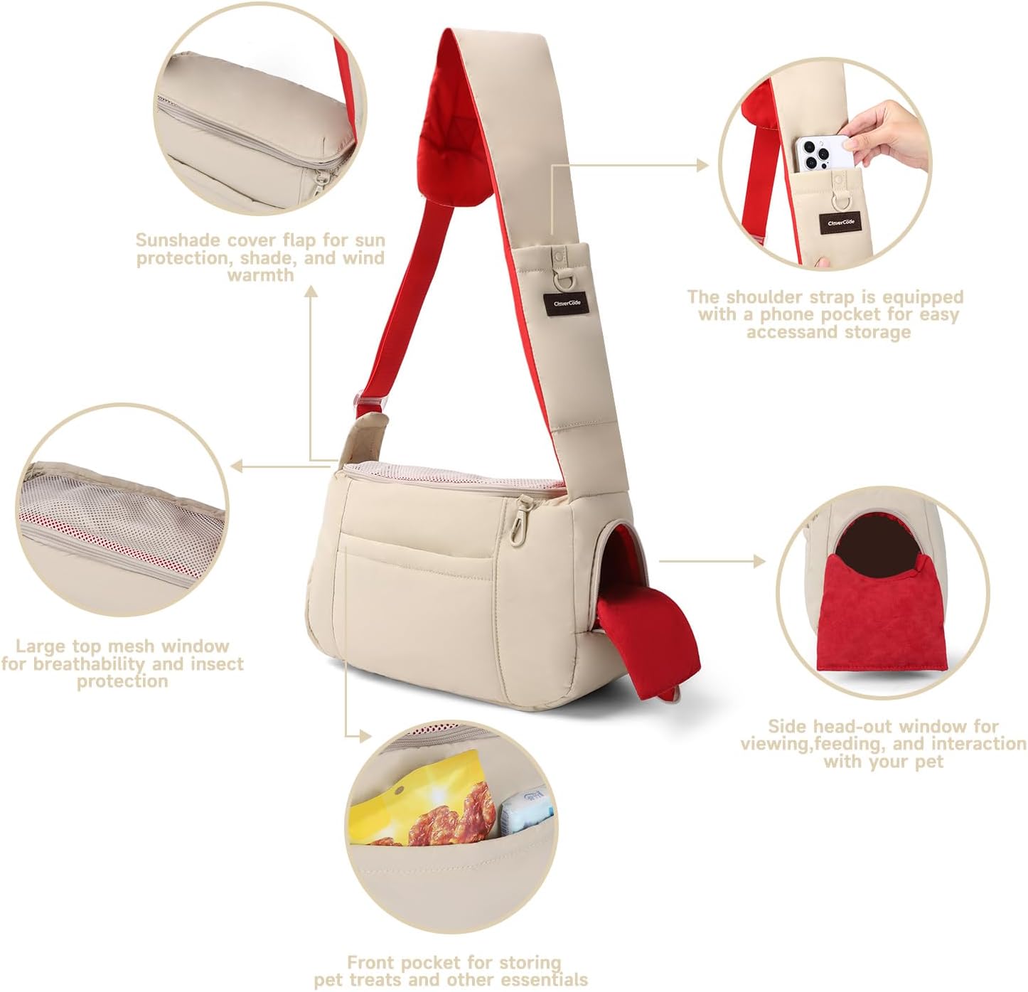 Dog Carrier Sling, Cat Sling Carrier, Adjustable Soft Padded Shoulder Strap with Storage Pocket, Small Dog and Cats Sling Carriers up to 10 lbs, Hands-Free Pet Carrier for Travel Hiking Walking Beige