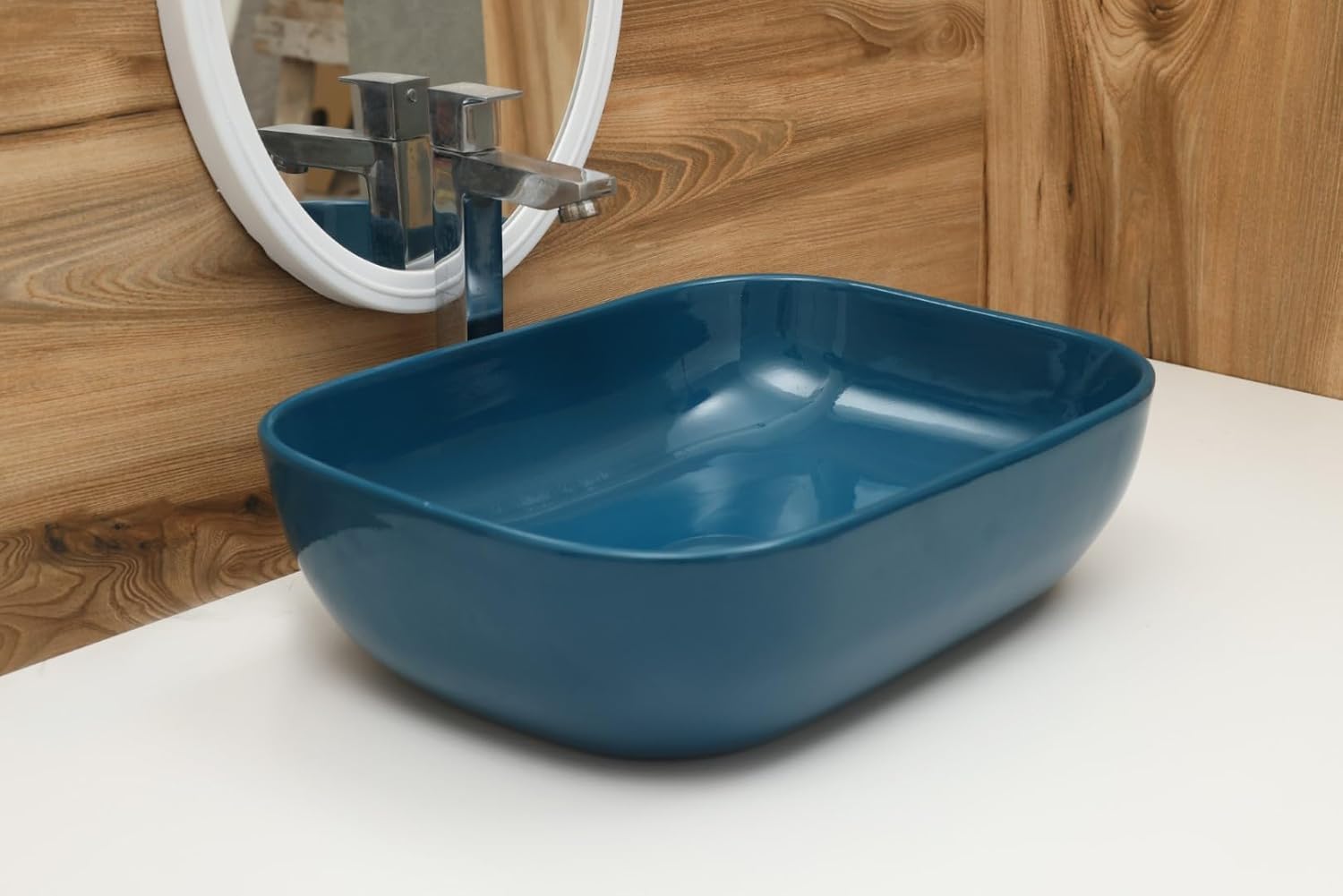 MAHISRE Ceramic Countertop Wash Basin | Designer Table Top Bathroom Basin Sink | Vessel Sink Wash Basin Over Counter for Bathroom, Hotel, Home Living Room (18x13x5.5 Inch) (Glossy Bottle Green)