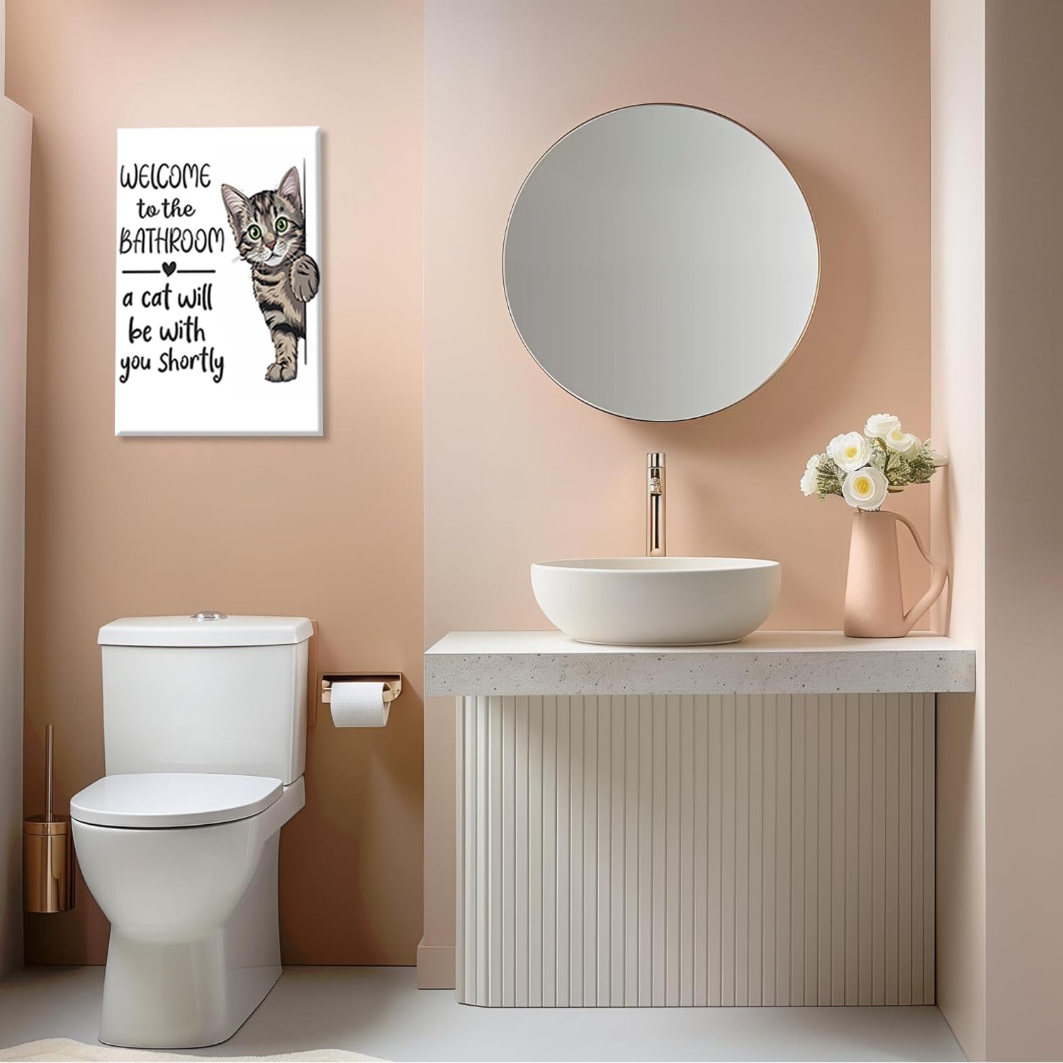 HNNXAR Funny Cat Bathroom Wall Art,Welcome To The Bathroom A Cat Will Be With You Shortly Paintings Posters,Black and White Funny Animal Canvas Pictures Prints Wall Decor 16x24in Framed