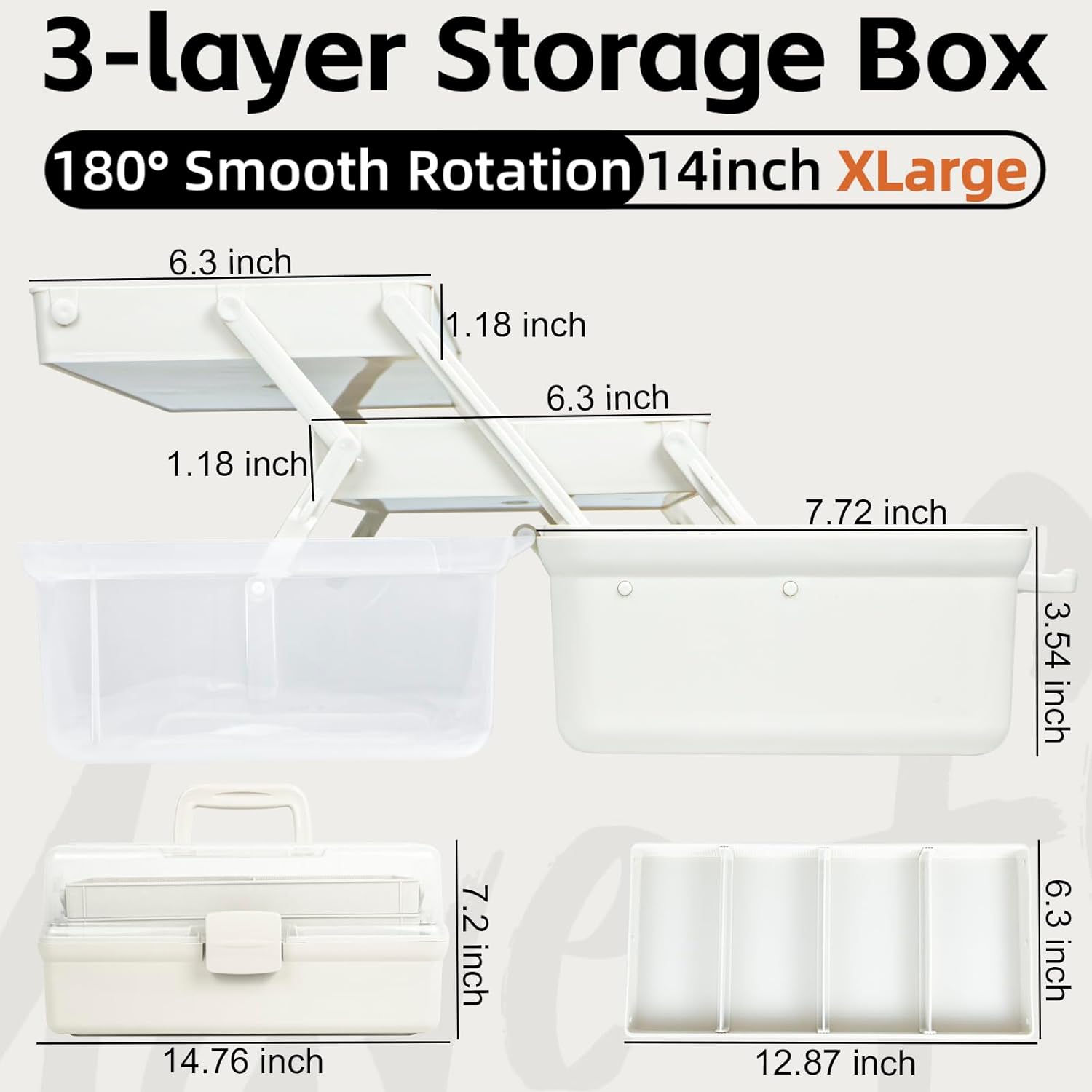 14in 3-layer multipurpose craft organizers and storage with adjustable dividers, portable tackle box, folding art & craft case for medicine, tool, sewing organizer (white, x-large) x-large white