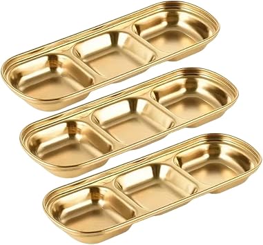 3 Piece Stainless Steel Sauce Tray, Divided Dipping Tray, 3 Compartment Appetizer Serving Tray for Sauce, Ketchup, Dressing, Silver, 8 X 3 Inches 3 Compartments in Gold Color