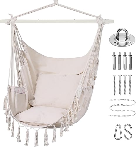 Goutime Silla tipo hamaca, columpio de techo de cuerda colgante con 2 cojines, sillas colgantes bohemias de macramé para interiores, exteriores,
