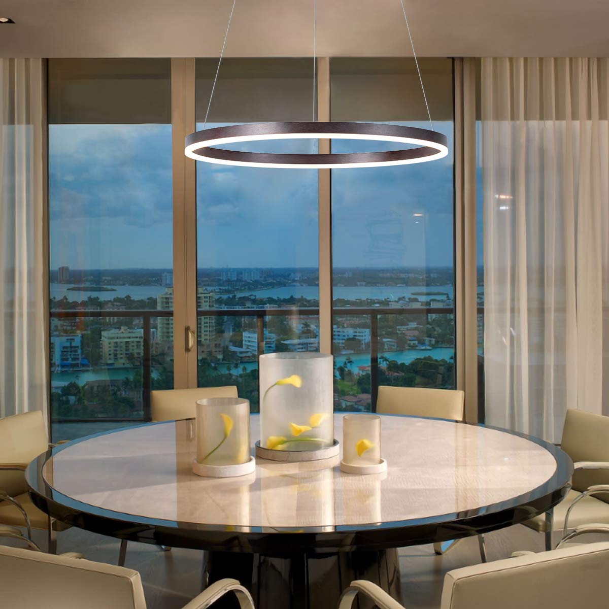 Amazon Com Harchee Modern Led Ring Chandelier Acrylic Round Shape Ceiling Light Fixture Adjustable Led Circle Pendant Light With 1 Ring For Living Room Dining Room Warm White 3000k Brown Finish 23 6 Inches