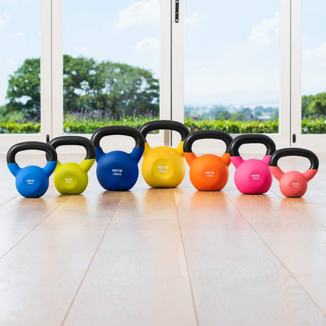 METIS Pesas Rusas Kettlebells │Mancuernas de Colores │ Ejercicio en Casa │ Musculación en Casa - 4kg - 20kg │ Accesorio y Herramienta Fitness, Gimnasio y Pilates