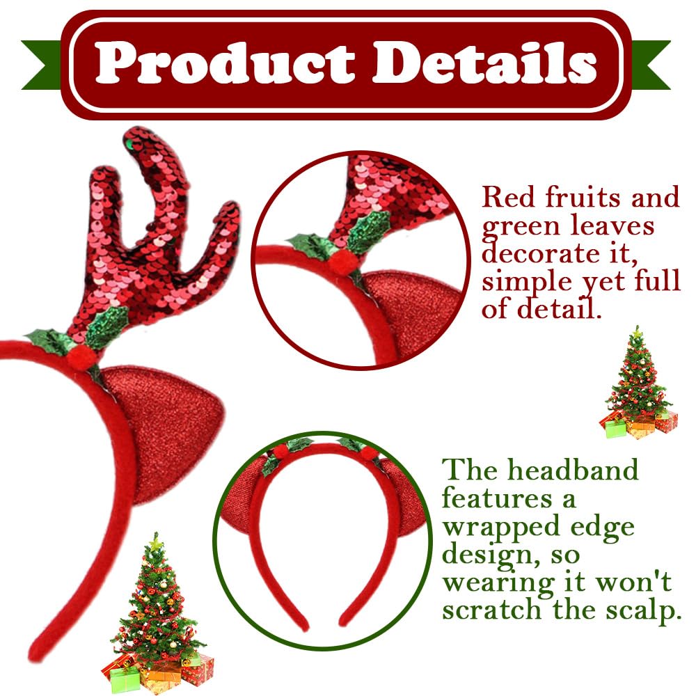 nafengldf Sequined Reindeer Headband for Women & Girls -Christmas headband- Glitter Christmas Antler Headpiece with Floral Decor for Xmas Party Cosplay Festive Hair Accessories (Red 1 PC) - Image 4