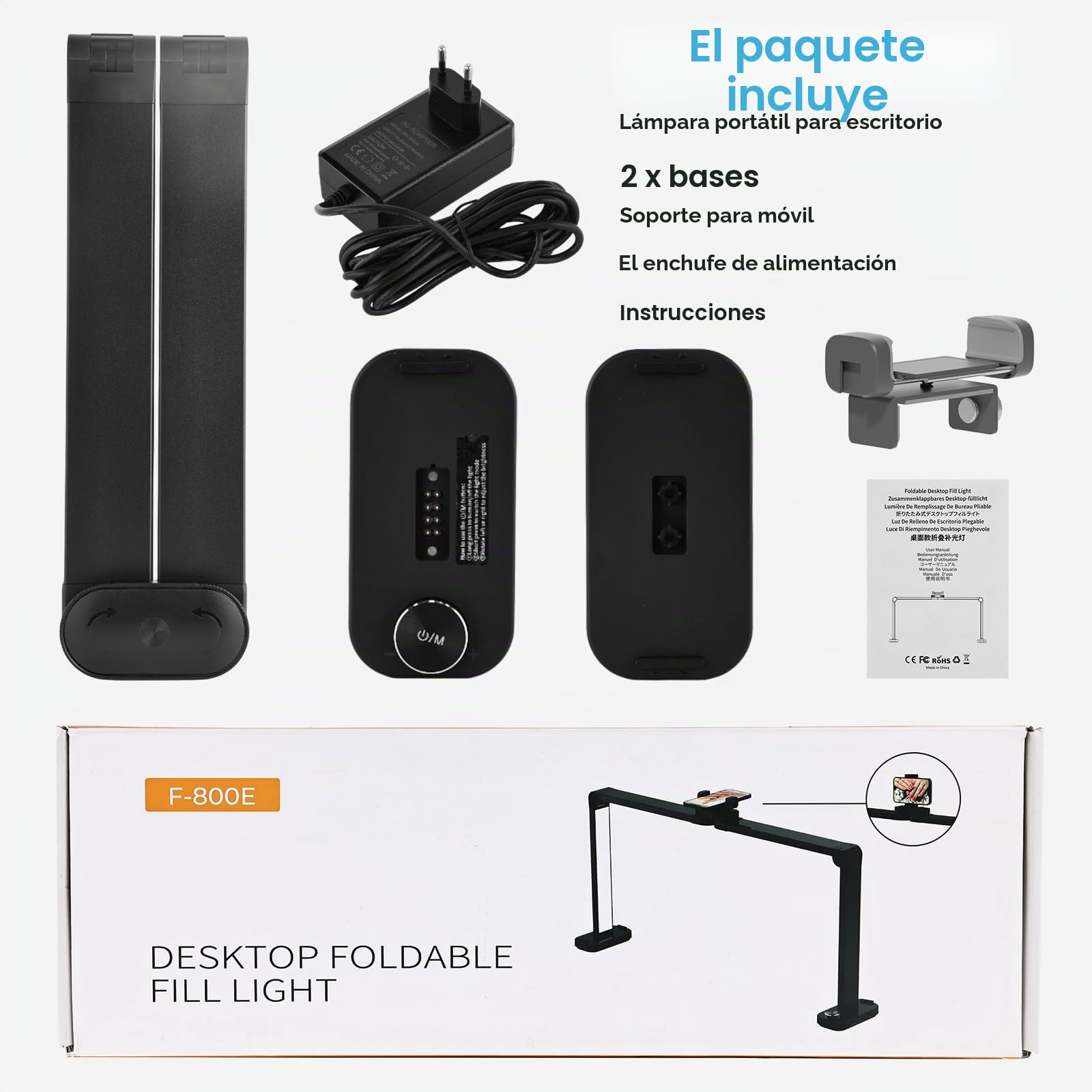 Lámpara de escritorio plegable de media luna de 33.5 pulgadas, 3000 K-6000 K, luz de uñas regulable para escritorio, lámpara LED cuadrada de 40 W con soporte para teléfono para tecnología de uñas,