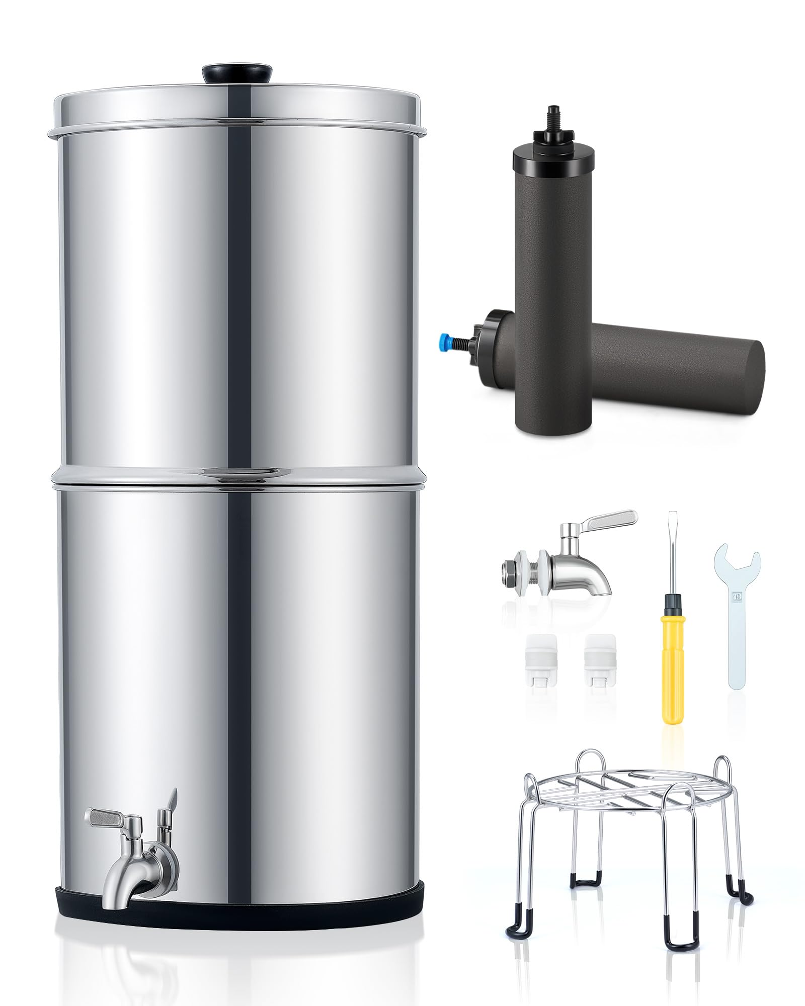 CO-Z 8,5L Système de Filtration d'Eau par Gravité en Acier Inoxydable 304 Purificateur d'Eau avec 2 Filtres à Carbone Robinet d'Eau Support Inclus, Certification NSF/ANSI 42