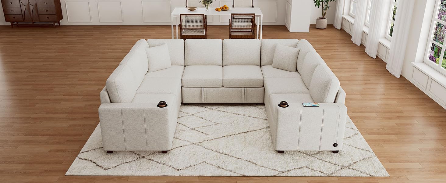 Sectional Sofa Convertible Pull-Out Sofa Bed U-Shaped Sofa for Living Room, Beige